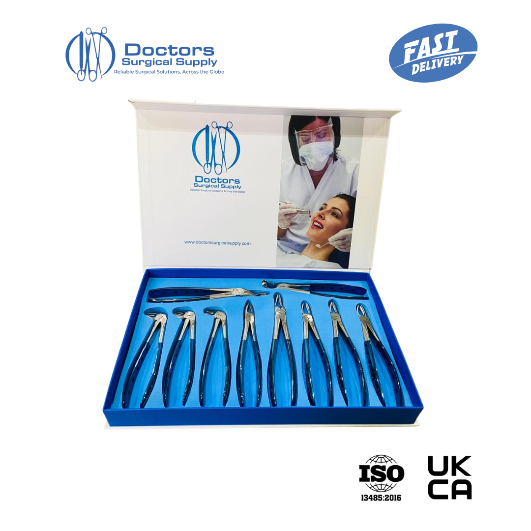 Dental Extracting Forceps Set 10 Pcs Half Blue Handle AISI 420 Steel