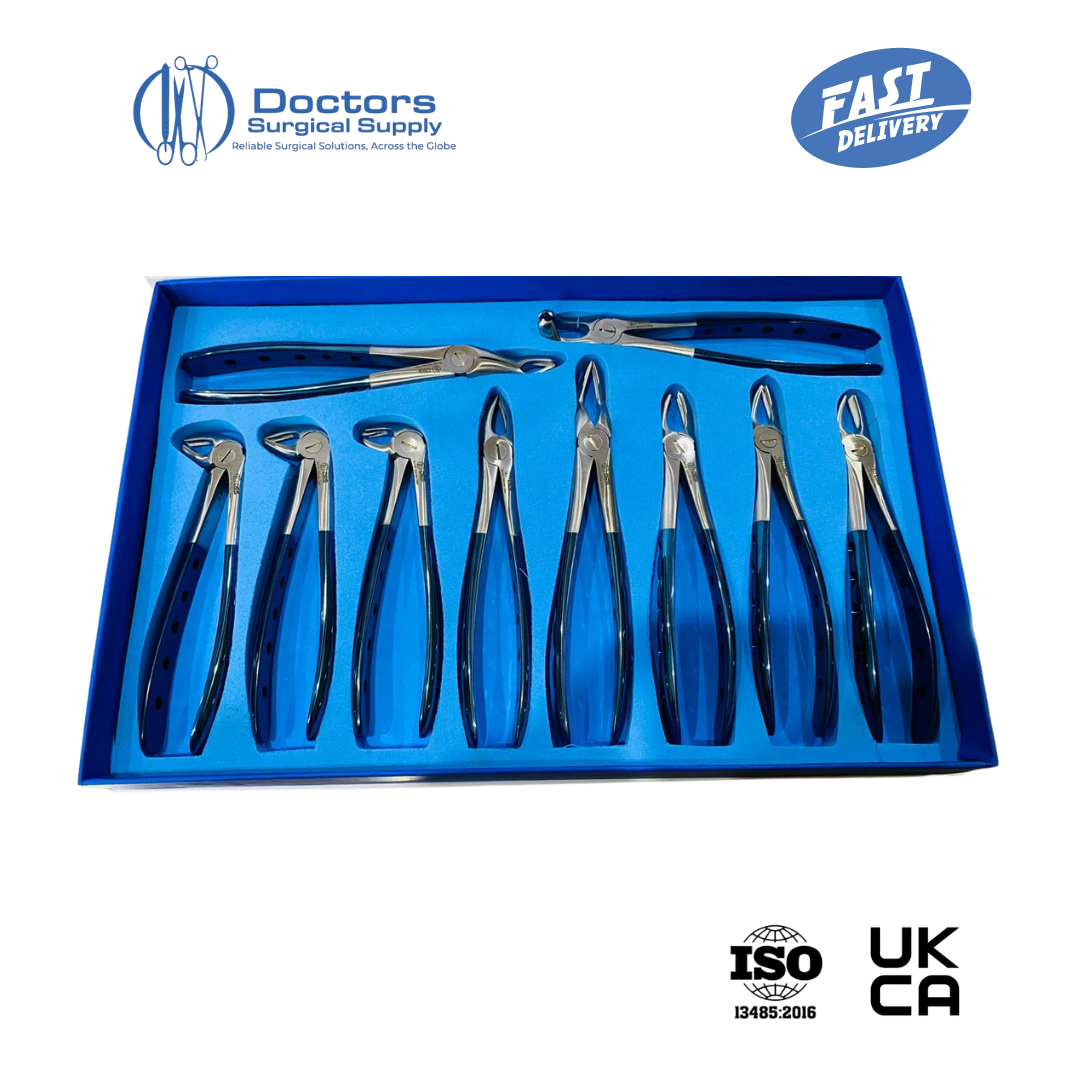 Dental Extracting Forceps Set 10 Pcs Half Blue Handle AISI 420 Steel