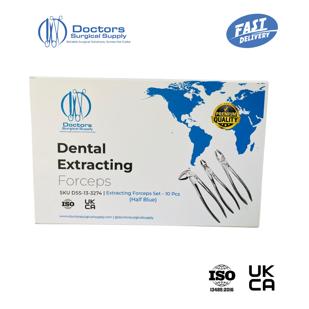 Dental Extracting Forceps Set 10 Pcs Half Blue Handle AISI 420 Steel