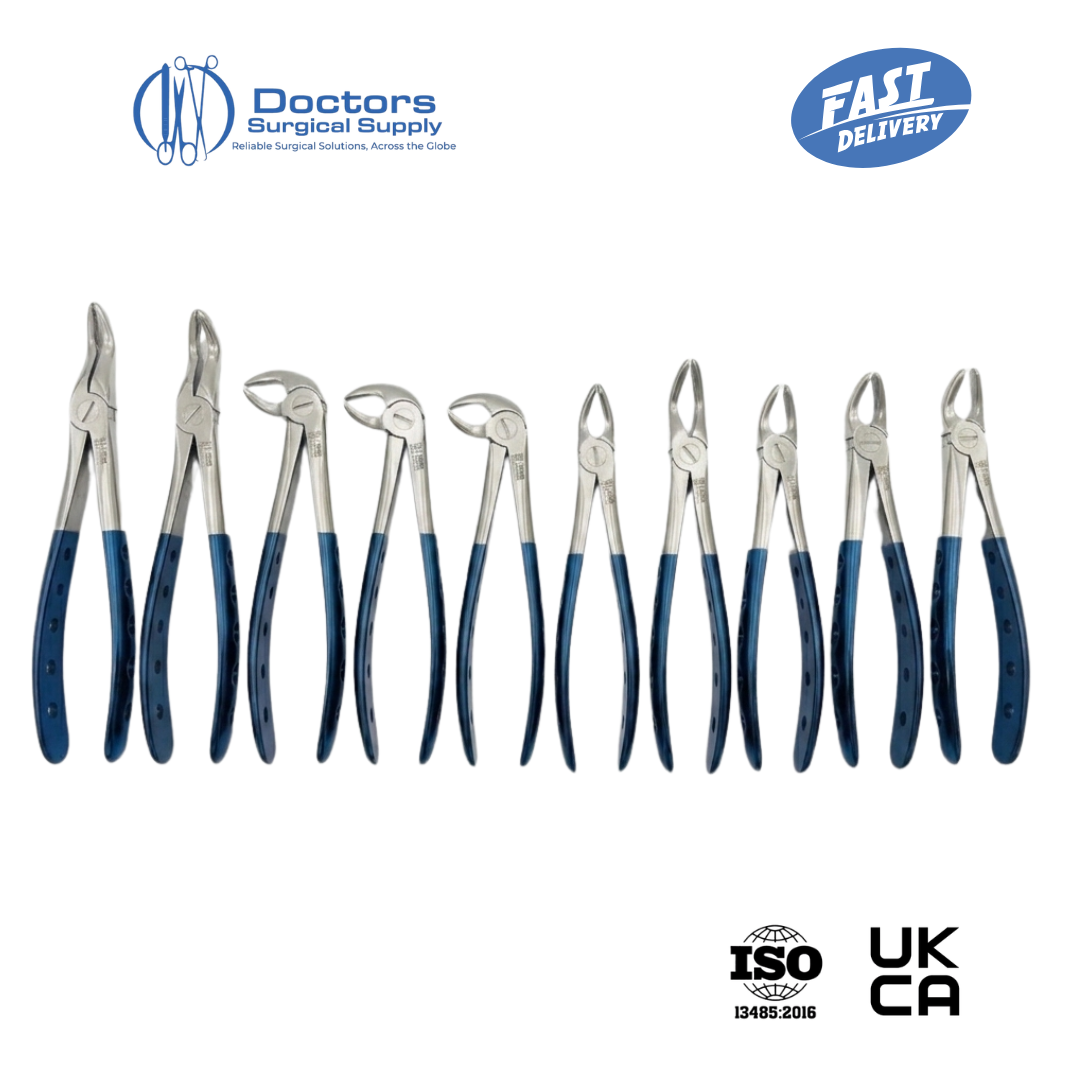 Dental Extracting Forceps Set 10 Pcs Half Blue Handle AISI 420 Steel