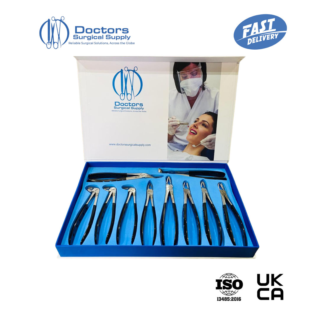 10Pc Dental Extraction Forceps Set Half Black Handle Upper Lower Molars AISI 420