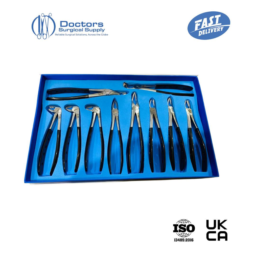 10Pc Dental Extraction Forceps Set Half Black Handle Upper Lower Molars AISI 420