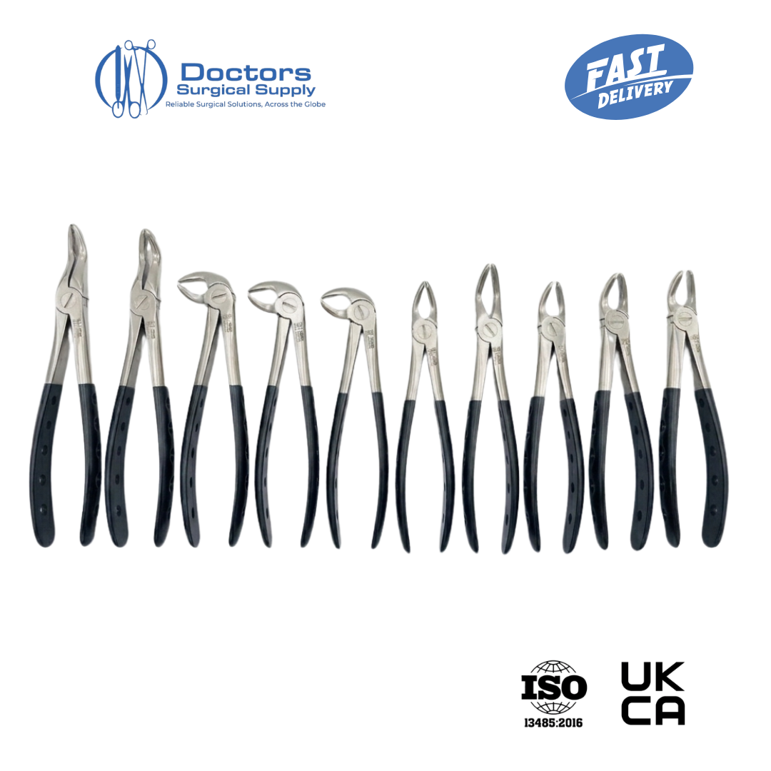 10Pc Dental Extraction Forceps Set Half Black Handle Upper Lower Molars AISI 420