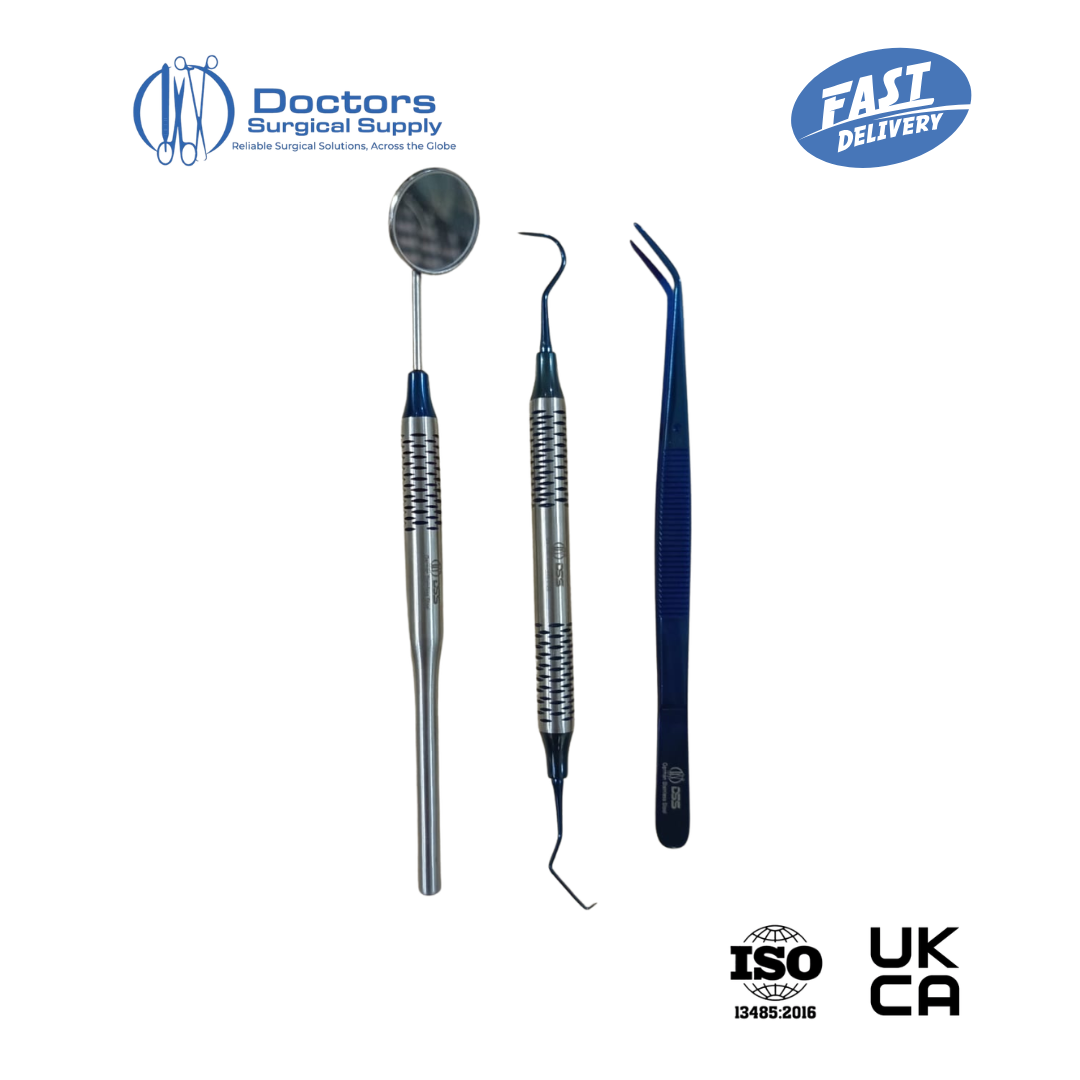 3Pc Dental Examination Set Blue Tip Mirror Explorer Probe Cassette UKCA ISO