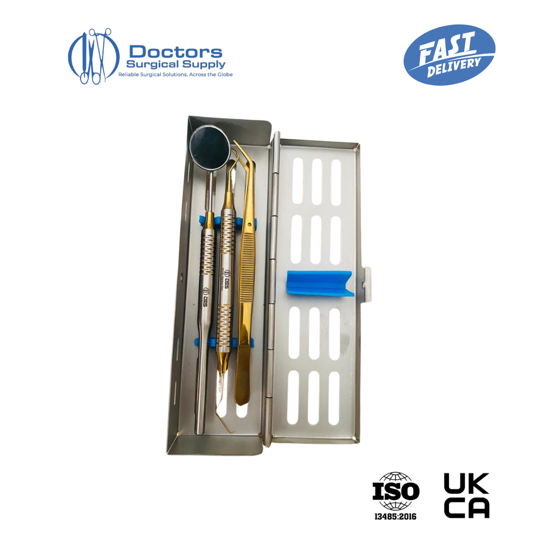 3Pc Dental Examination Set Gold Tip Mirror Explorer Probe Cassette UKCA ISO
