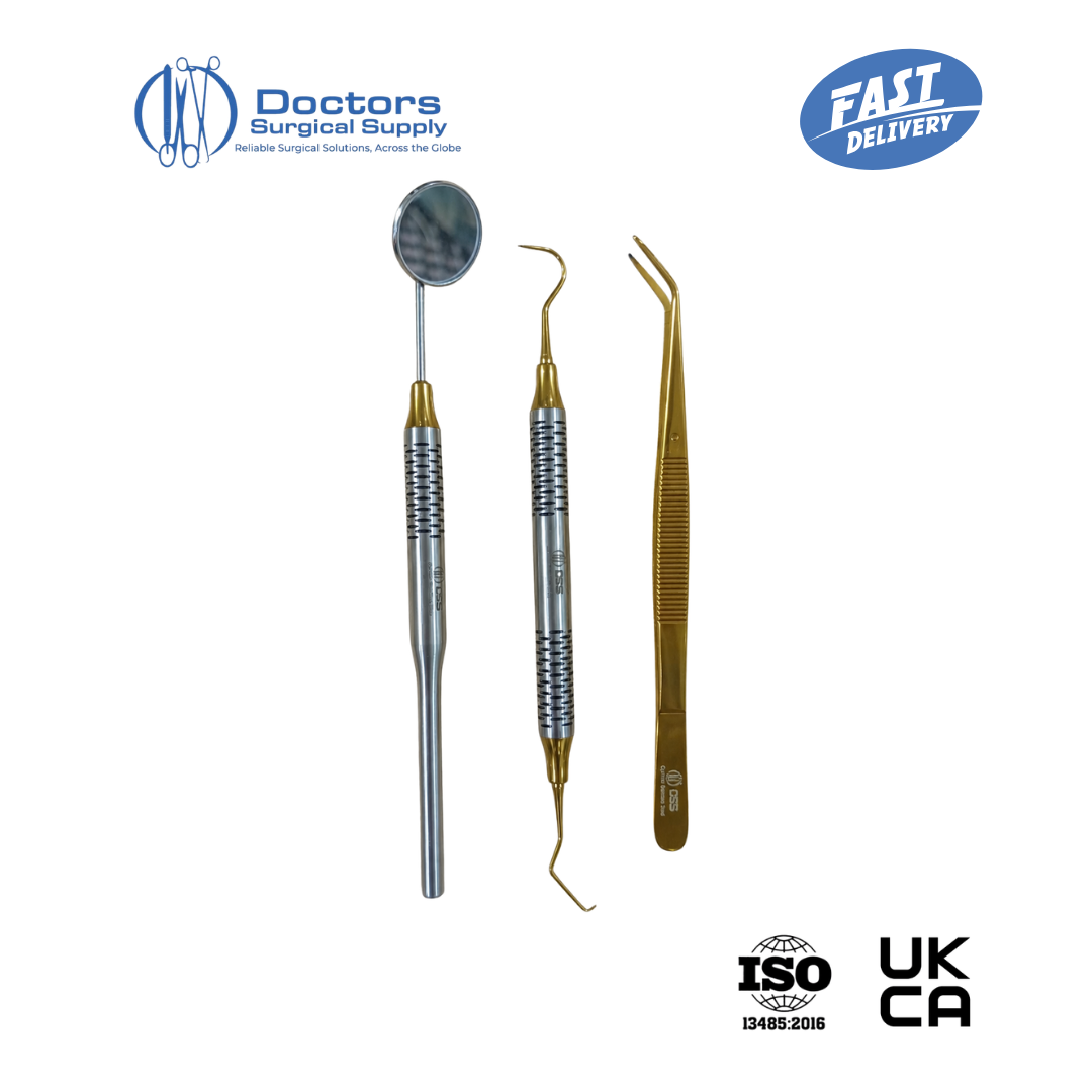 3Pc Dental Examination Set Gold Tip Mirror Explorer Probe Cassette UKCA ISO