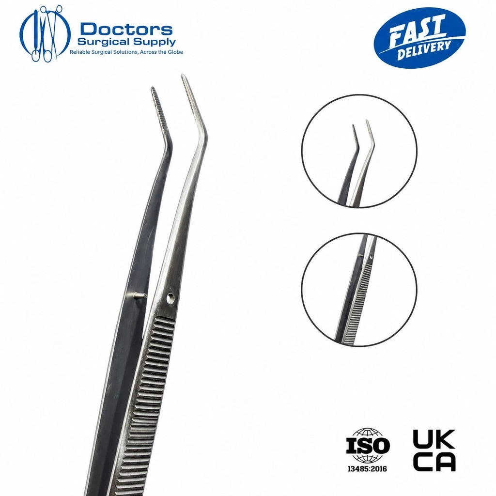 London College Tweezers 15cm — Dental Cotton Dressing Plier, Serrated Angled Tip